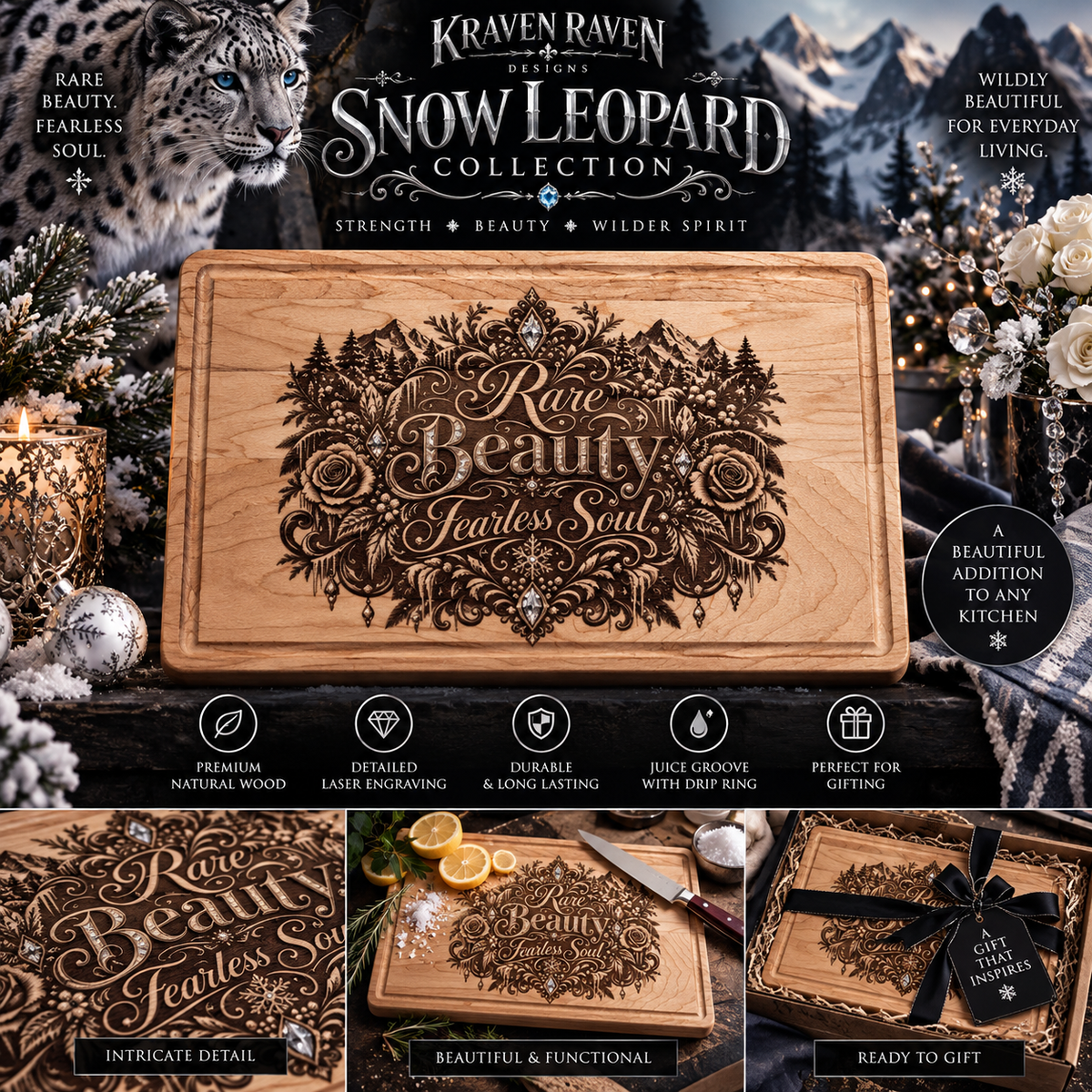 Snow Leopard “Rare Beauty. Fearless Soul.” Engraved Wood Cutting Board – 12" × 9"