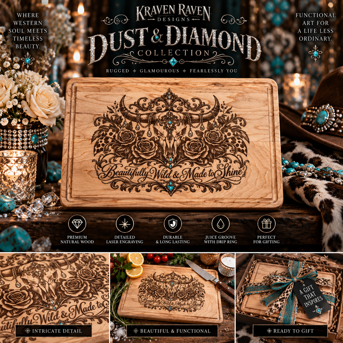 Dust & Diamonds Engraved Wood Cutting Board – 12" × 9"