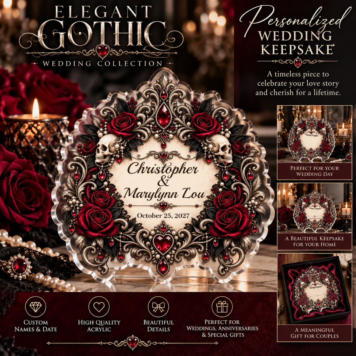 Personalized Gothic Wedding Keepsake – Custom Names & Wedding Date | Elegant Gothic Collection | Kraven Raven Designs