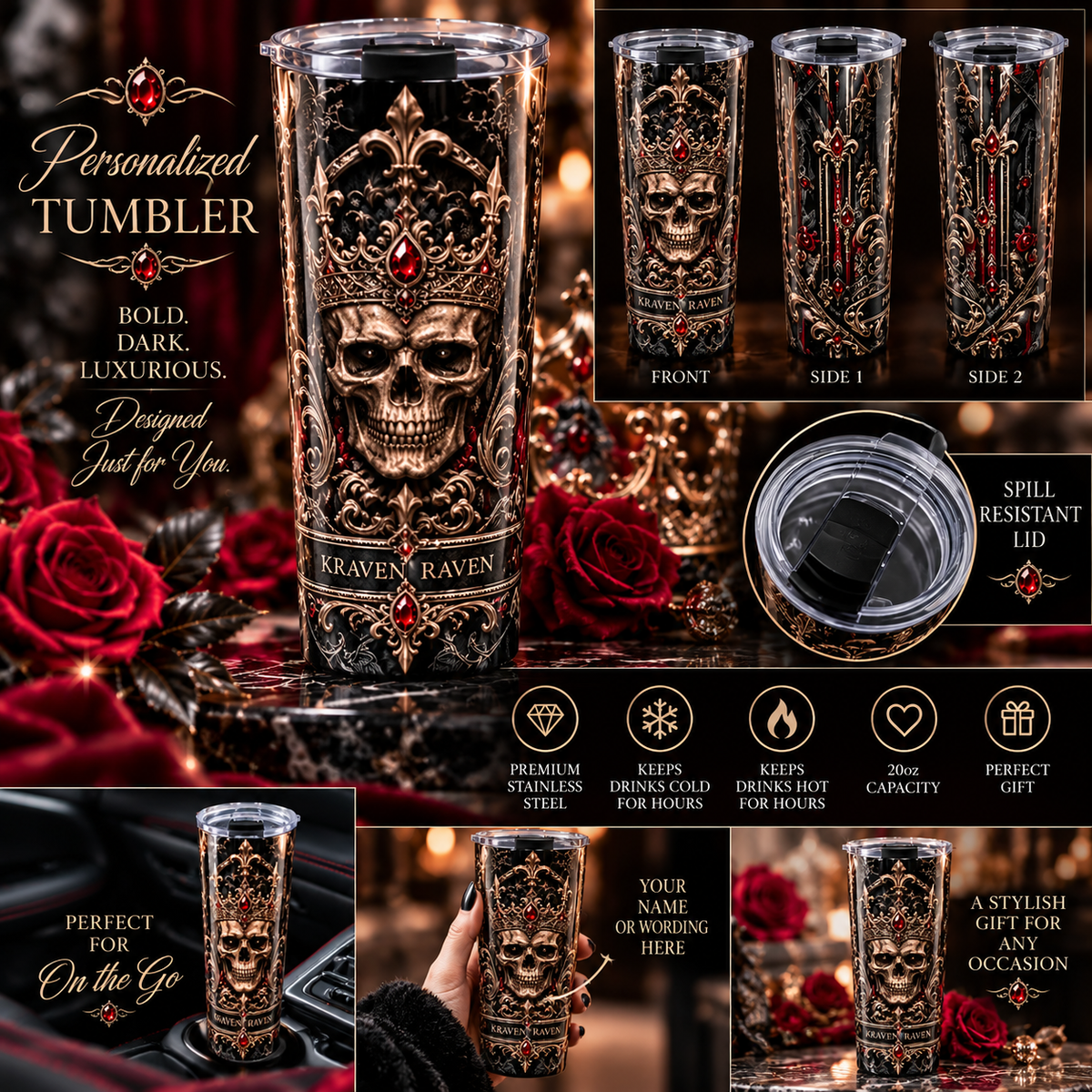 Personalized Gothic Skull 20oz Tumbler | Elegant Gothic Men’s Collection | Kraven Raven Designs