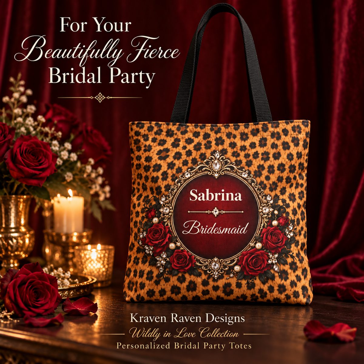 Wildly in Love Personalized Bridal Party Tote – Cheetah Print, 16″ × 16″