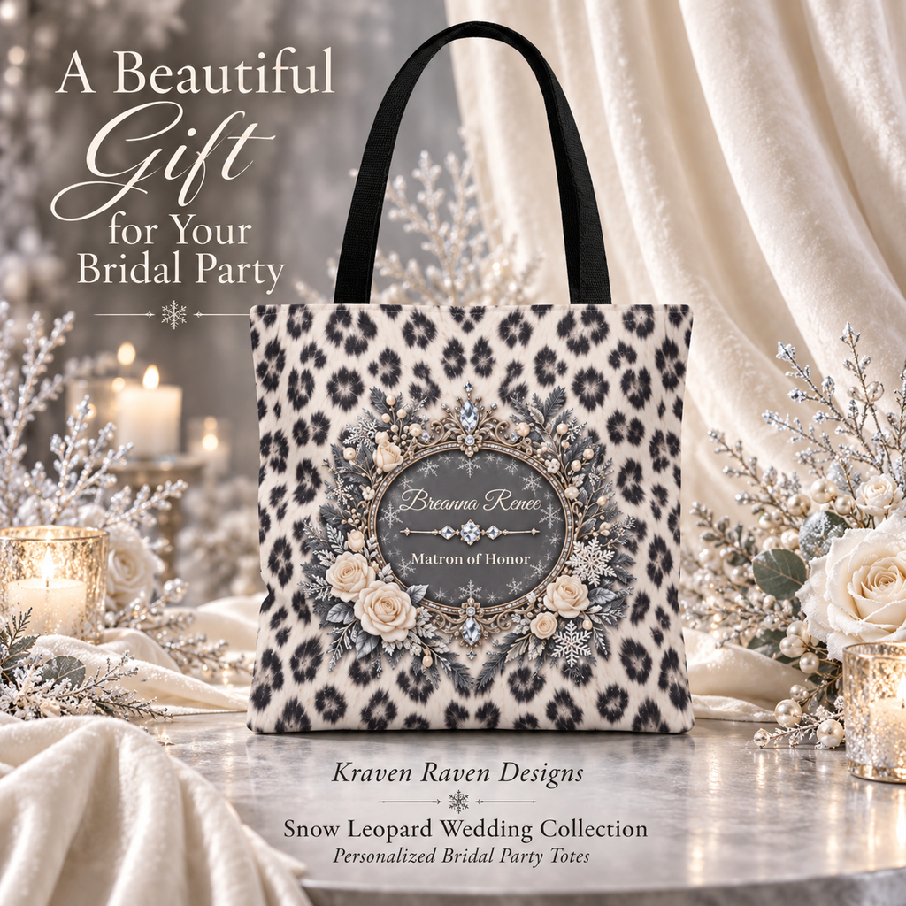Snow Leopard Personalized Bridal Party Tote – Winter Wedding Gift, 16″ × 16″