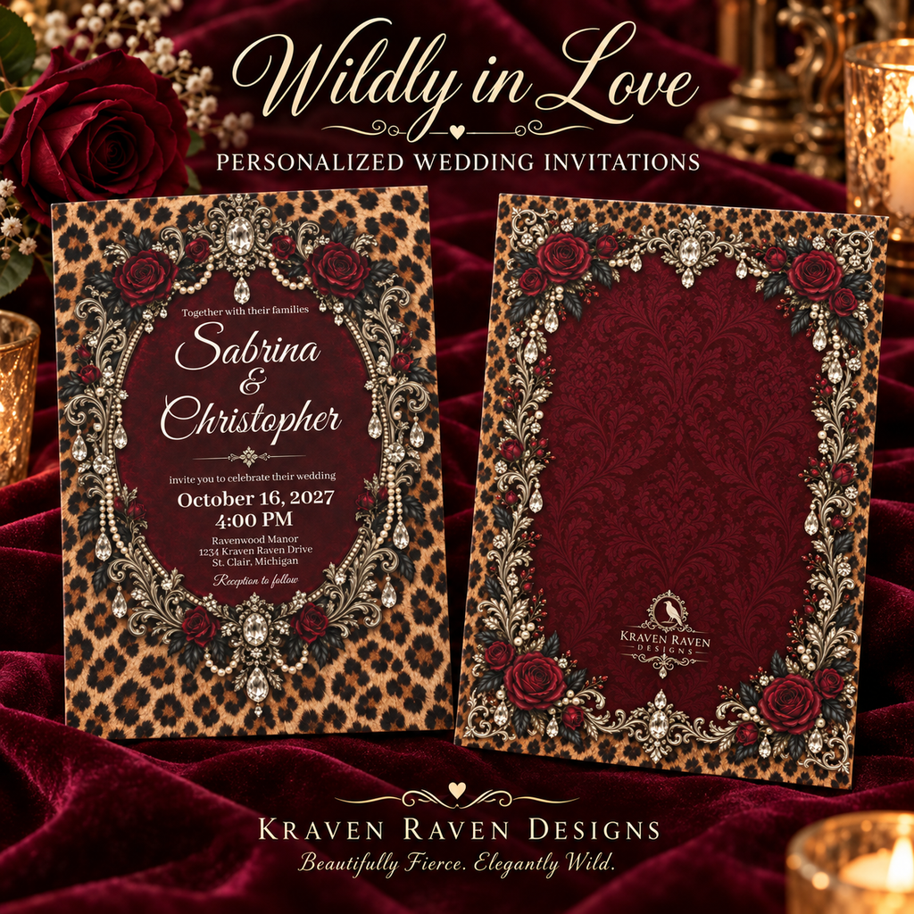 Wildly in Love Personalized Wedding Invitations – Cheetah & Burgundy Roses, 5×7