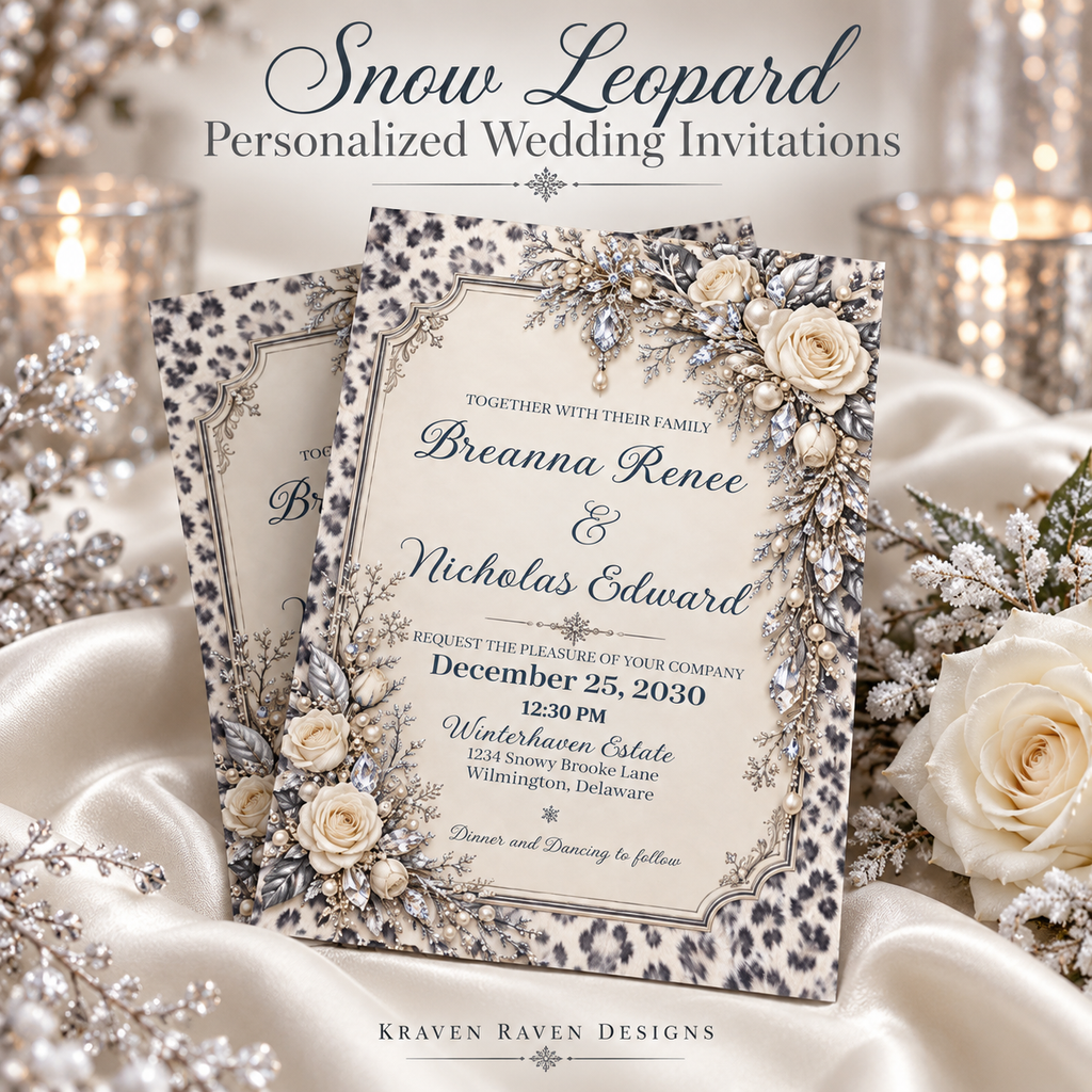 Snow Leopard Personalized Wedding Invitations – Ivory Roses & Icy Crystals, 5×7