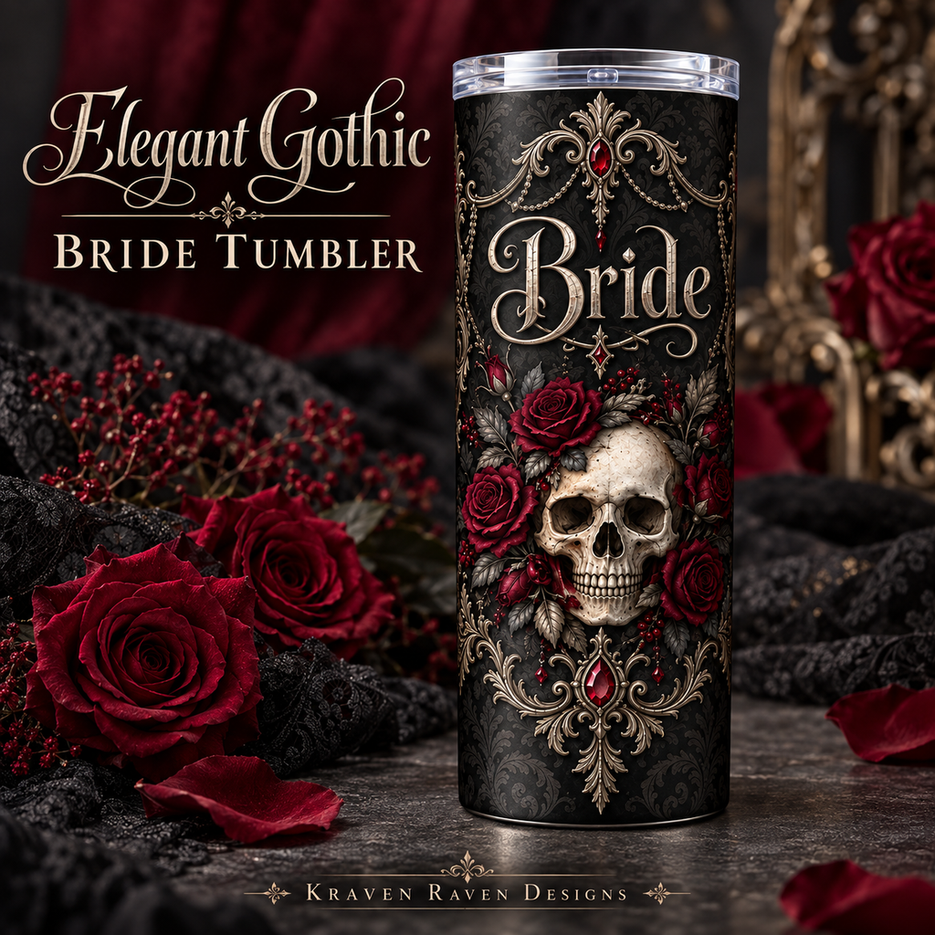Elegant Gothic Bride Tumbler – Burgundy Roses & Skull Wedding Gift, 20 oz