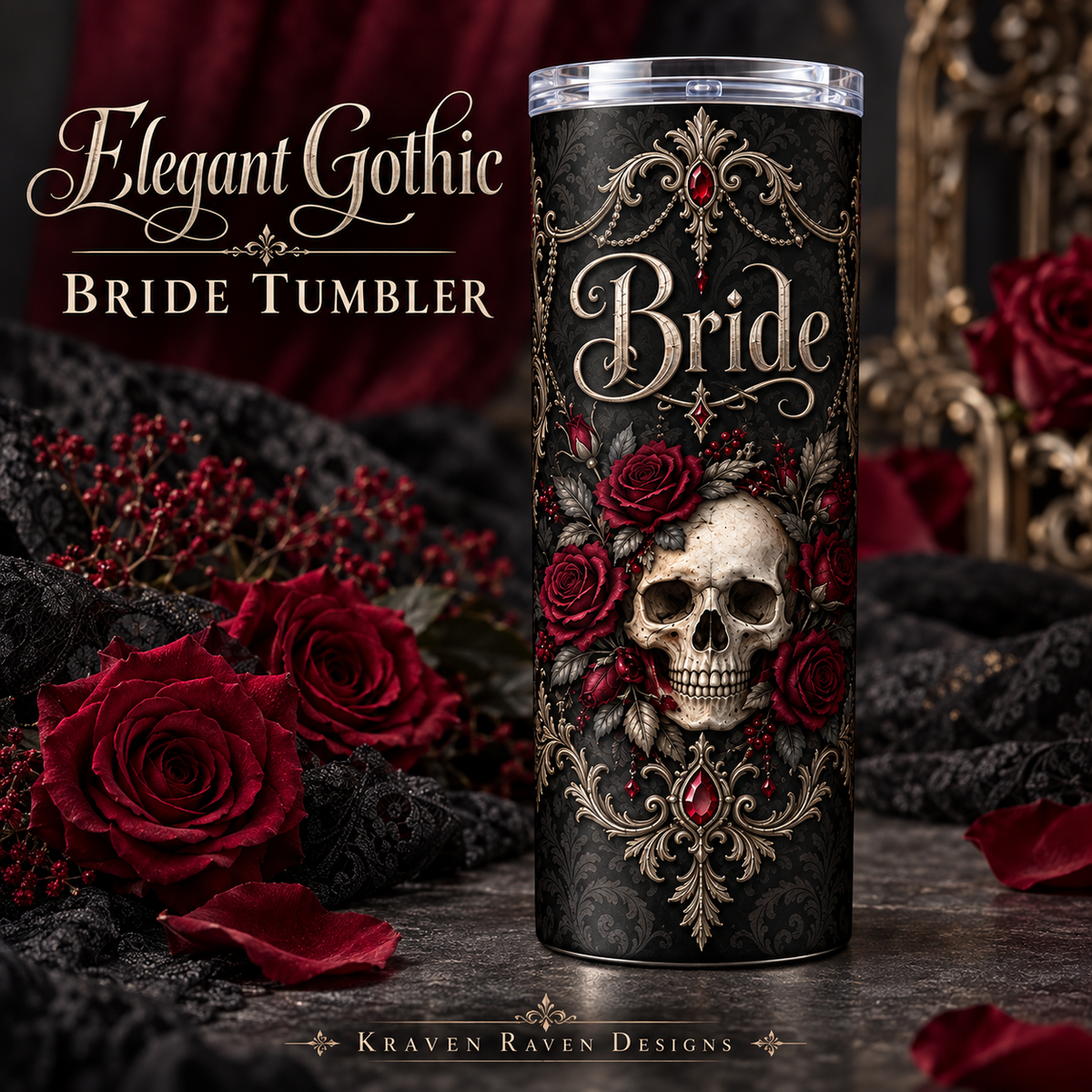 Elegant Gothic Bride Tumbler – Burgundy Roses & Skull Wedding Gift, 20 oz