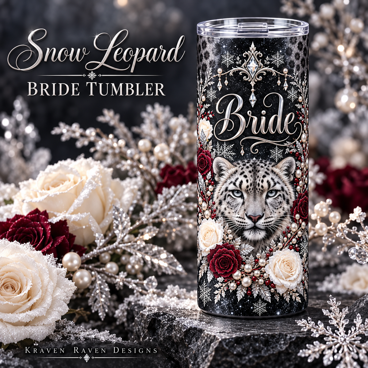 Snow Leopard Bride Tumbler – Winter Wedding Gift with Ivory & Burgundy Roses, 20 oz