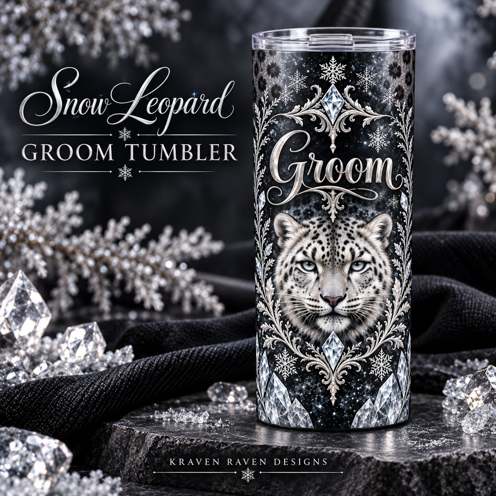 Snow Leopard Groom Tumbler – Icy Silver Winter Wedding Gift, 20 oz