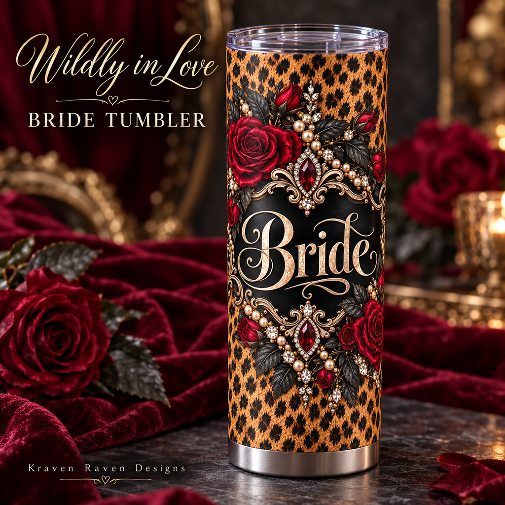 Wildly in Love Bride Tumbler – Cheetah Print & Burgundy Roses Wedding Gift, 20 oz