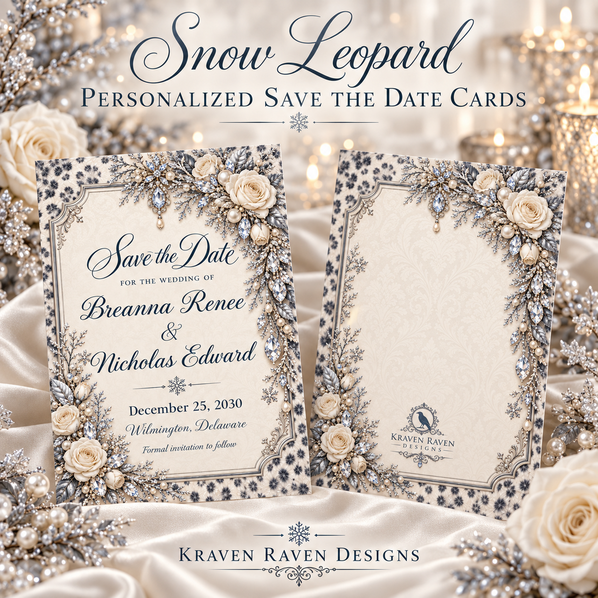 Snow Leopard Personalized Save the Date Cards – Ivory Roses & Winter Elegance, 5×7 (envelopes included)