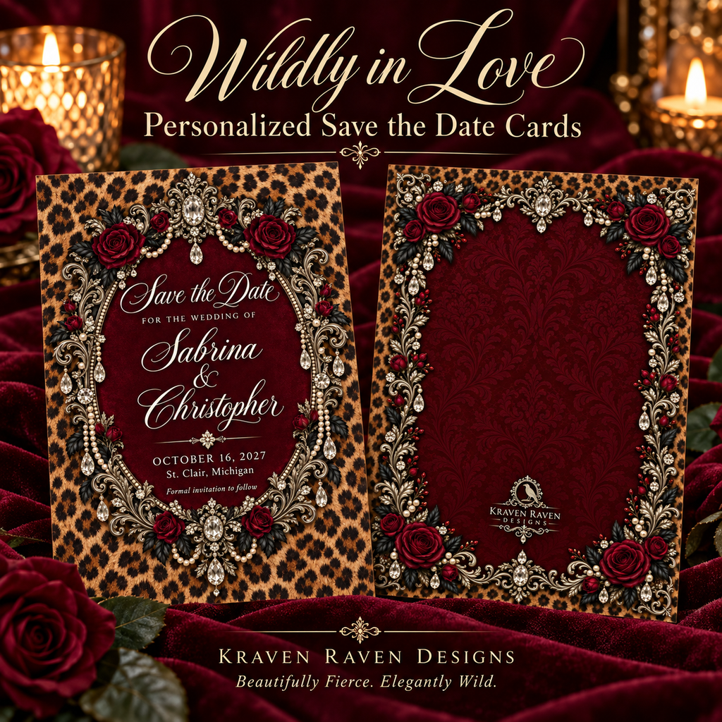 Wildly in Love Personalized Save the Date Cards – Cheetah & Burgundy Roses, 5×7 (envelopes included)