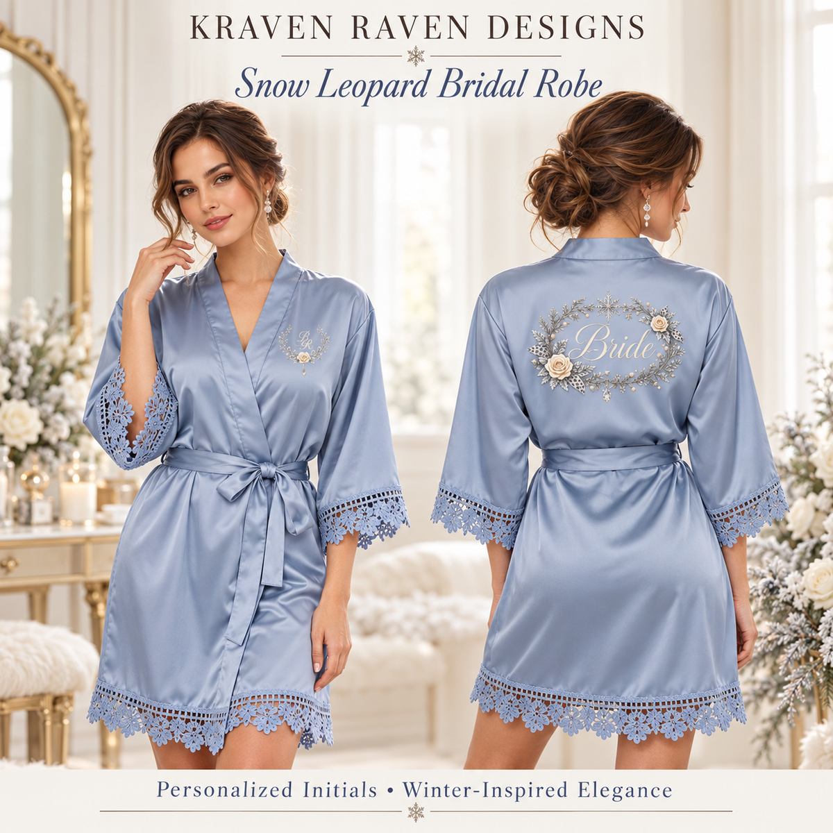Snow Leopard Personalized Satin Bridal Robe – Dusty Blue
