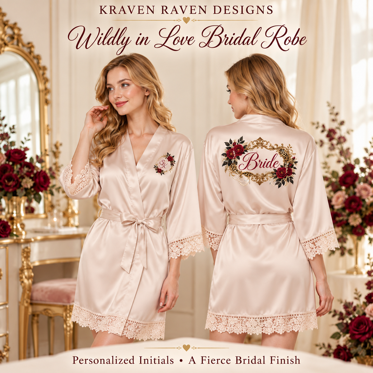 Wildly in Love Personalized Satin Bridal Robe – Champagne