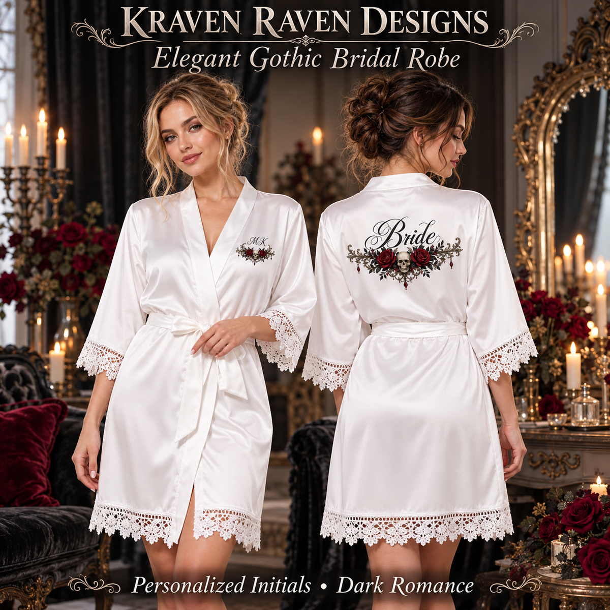 Elegant Gothic Personalized Satin Bridal Robe – White