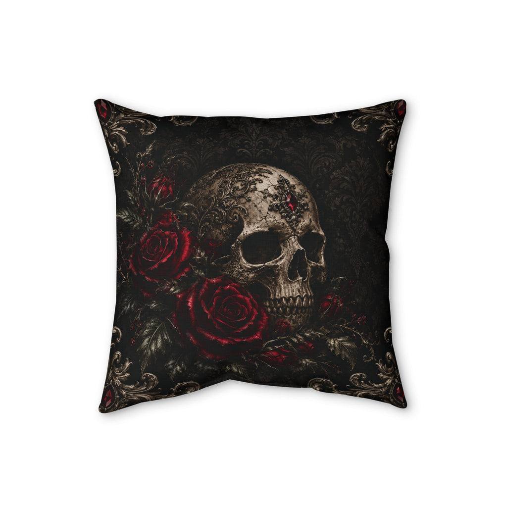 Where Shadows Bloom — Gothic Skull & Burgundy Rose Faux Linen Pillow