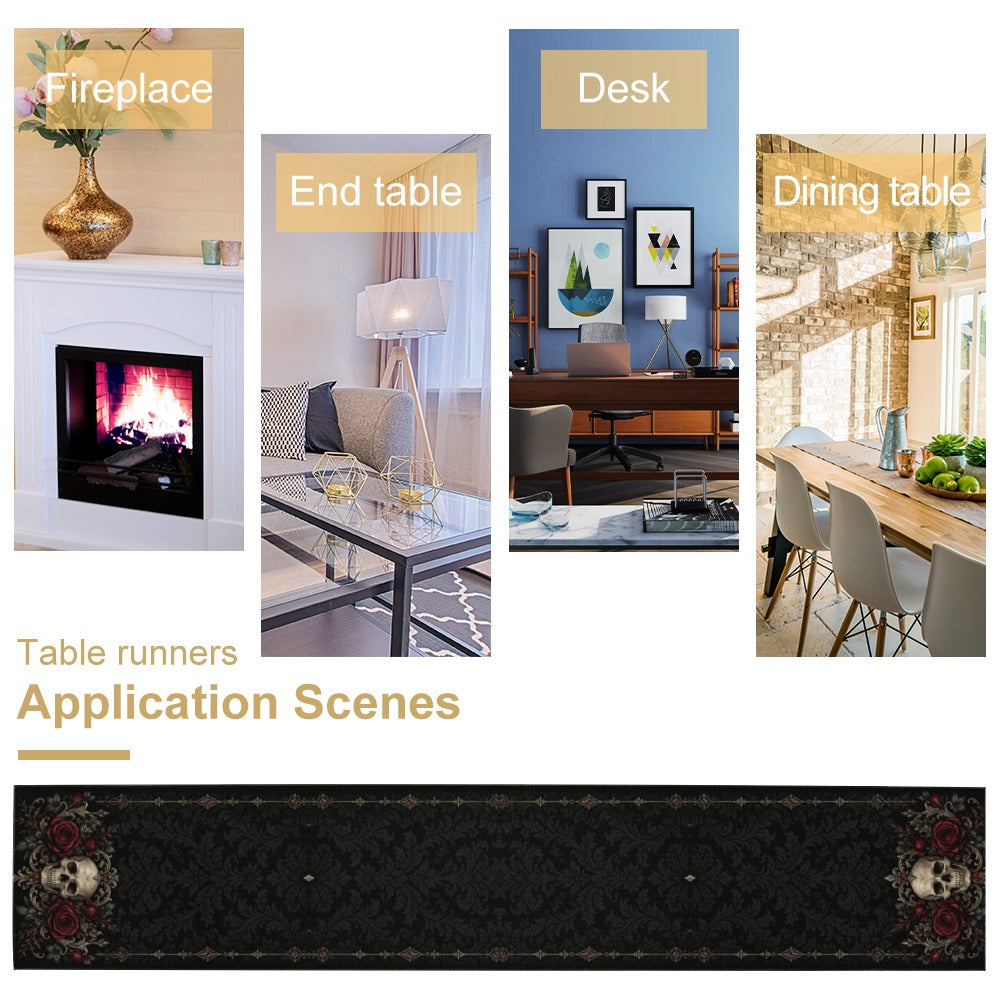 Elegant Gothic Skull & Burgundy Rose Table Runner