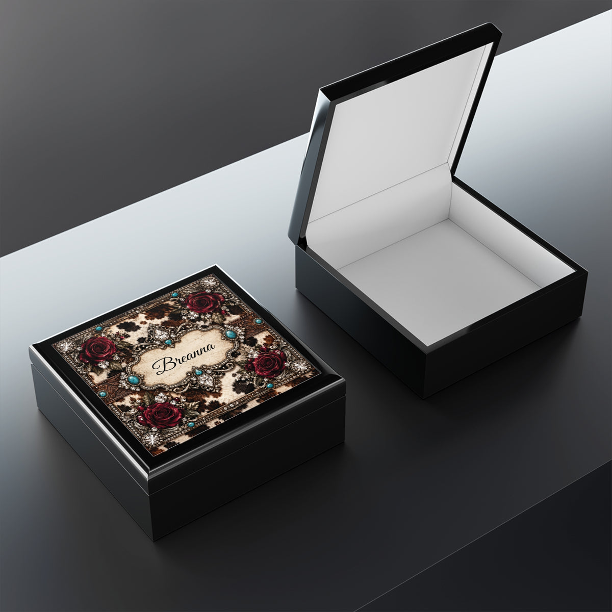 Dust & Diamonds Personalized Jewelry Box — Cowhide, Burgundy Roses & Rhinestone Design