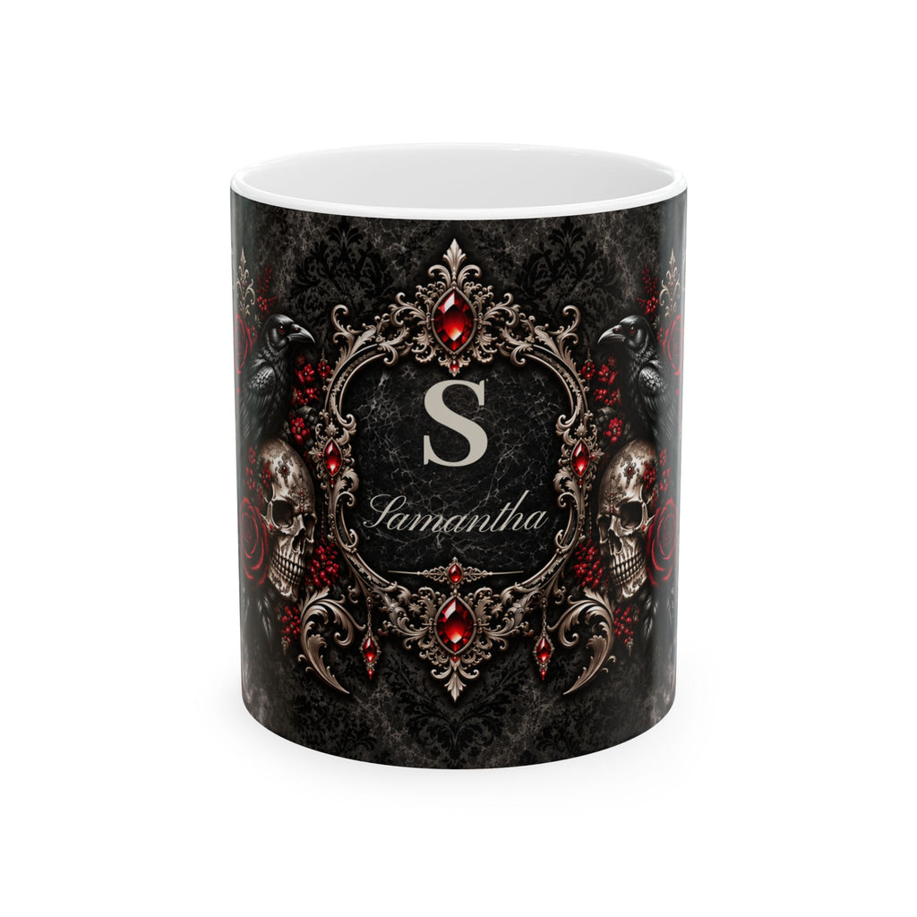Personalized Elegant Gothic Monogram Mug — Skull, Raven & Red Jewel Design (11oz/15oz)