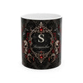 Personalized Elegant Gothic Monogram Mug — Skull, Raven & Red Jewel Design (11oz/15oz)