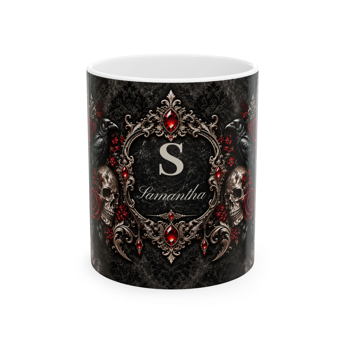 Personalized Elegant Gothic Monogram Mug — Skull, Raven & Red Jewel Design (11oz/15oz)