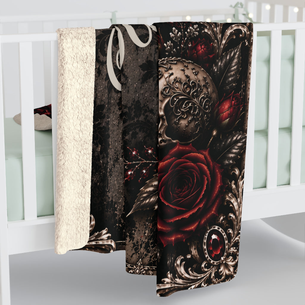 Personalized Elegant Gothic Sherpa Blanket — Custom Family Name, Skull & Burgundy Roses