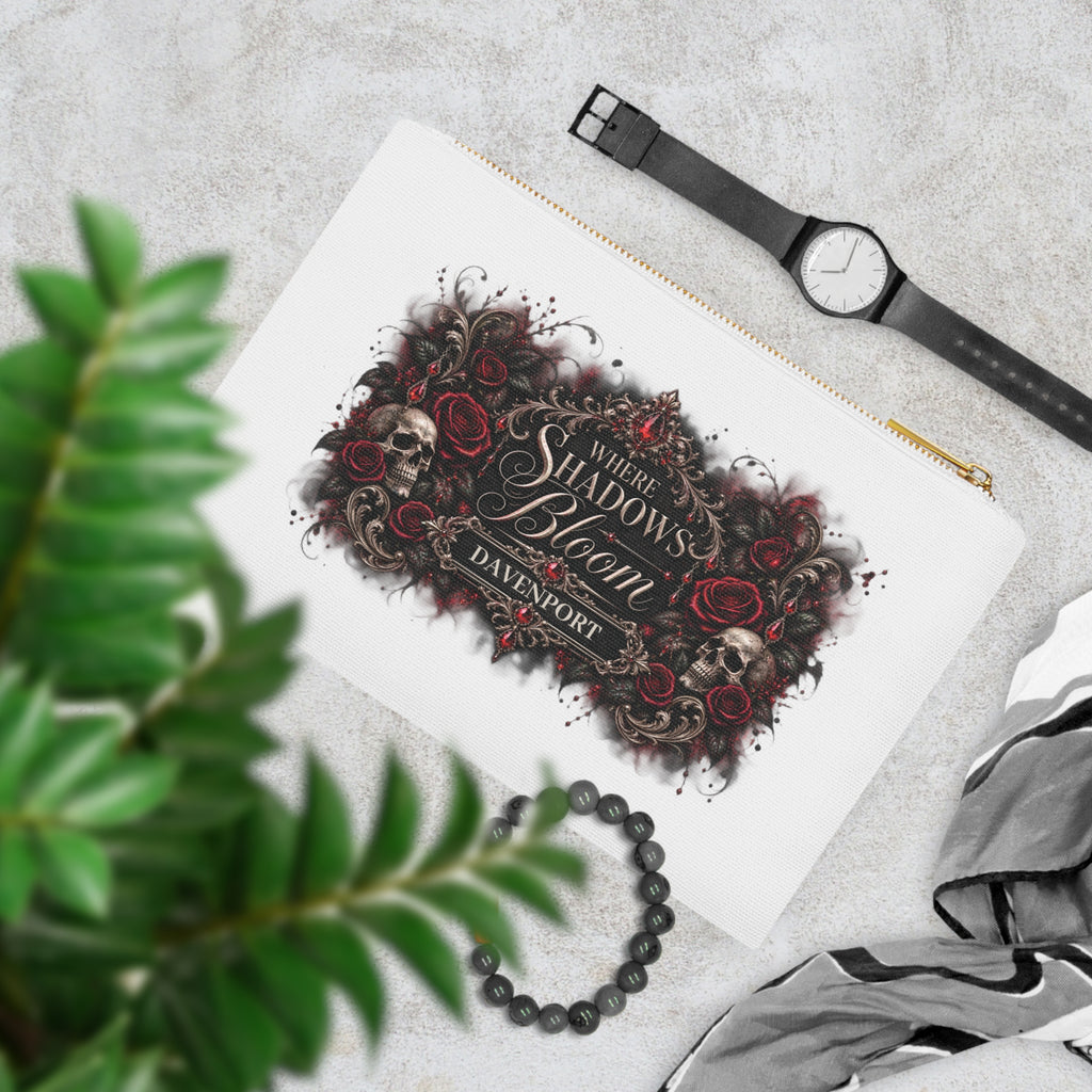 Personalized Where Shadows Bloom Gothic Cosmetic Bag — Custom Name Skull & Burgundy Roses