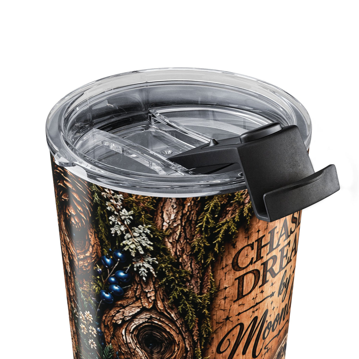 Moonlit Timber 20oz Tumbler — “Chasing Dreams by Moonlight” Rustic Woodland Travel Cup