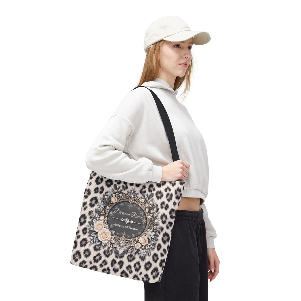 Snow Leopard Personalized Bridal Party Tote – Winter Wedding Gift, 16″ × 16″