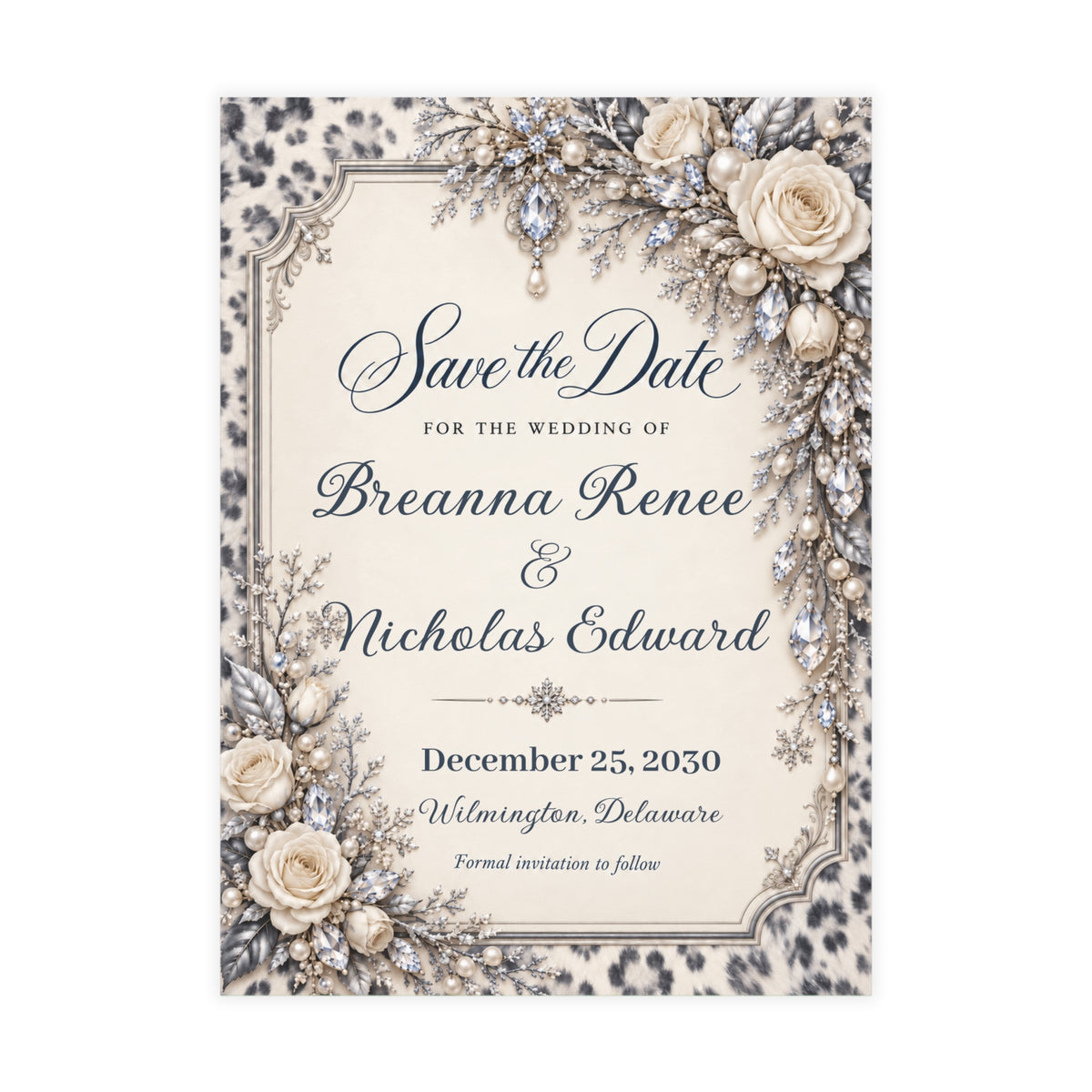 Snow Leopard Personalized Save the Date Cards – Ivory Roses & Winter Elegance, 5×7 (envelopes included)