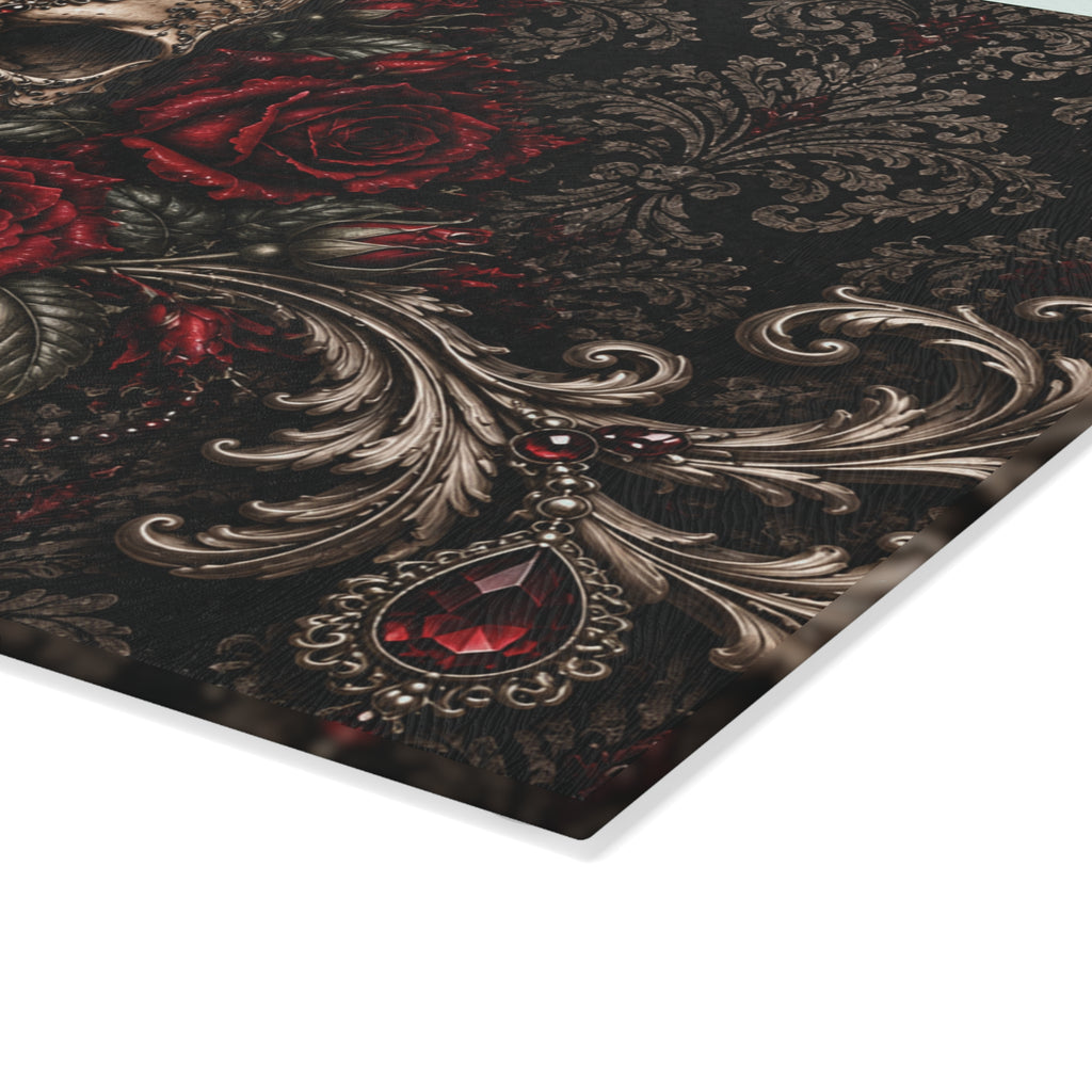 Where Shadows Bloom Gothic Glass Cutting Board — Skull & Burgundy Roses