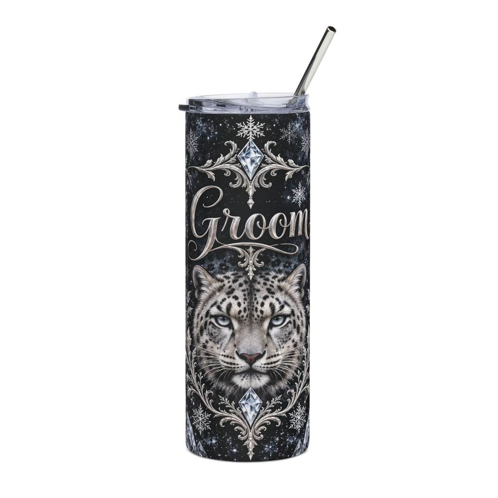 Snow Leopard Groom Tumbler – Icy Silver Winter Wedding Gift, 20 oz
