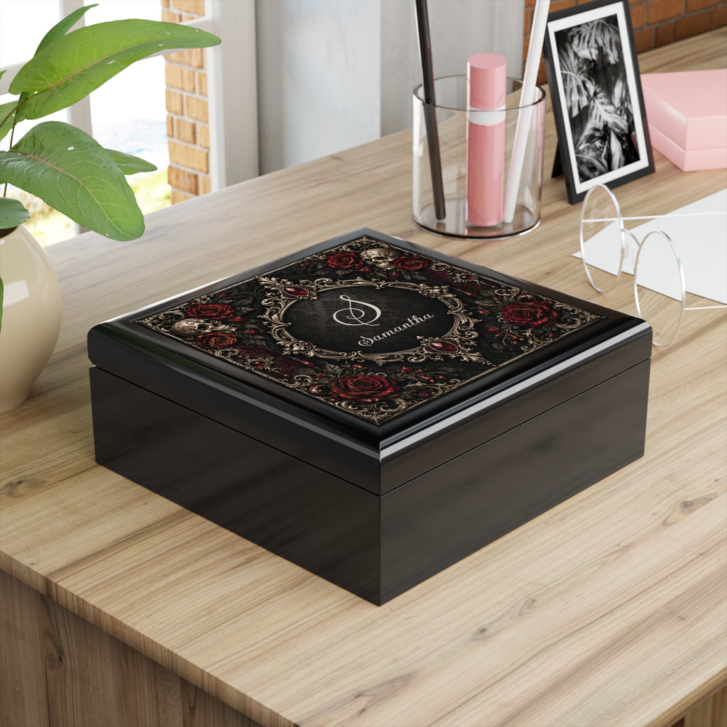 Personalized Elegant Gothic Jewelry Box — Custom Monogram, Skull & Burgundy Rose Keepsake