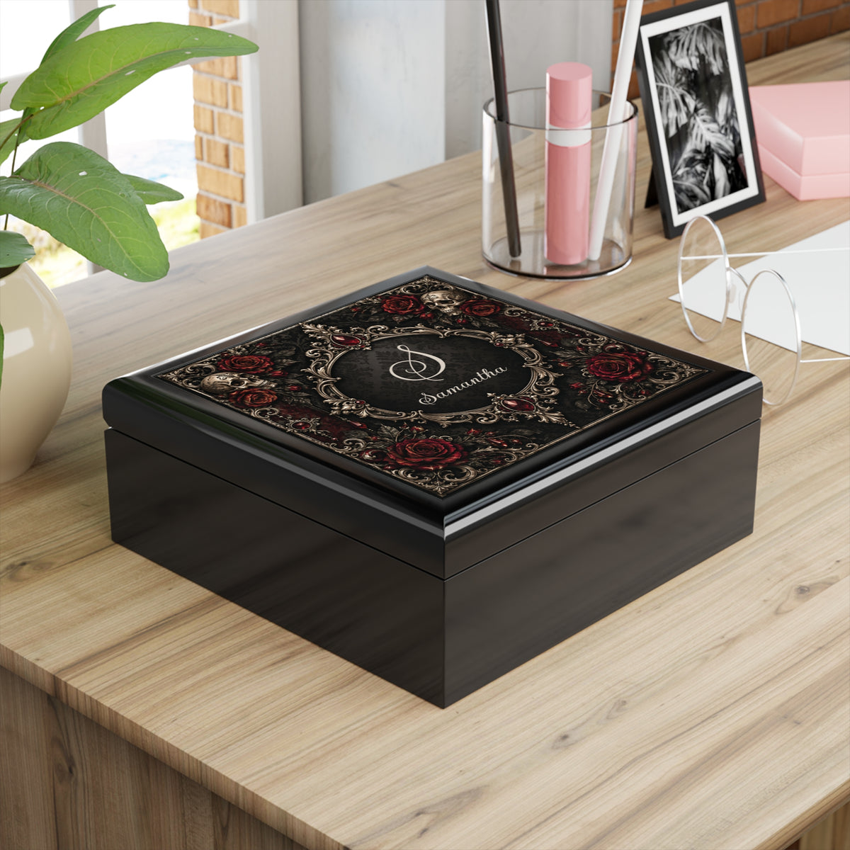 Personalized Elegant Gothic Jewelry Box — Custom Monogram, Skull & Burgundy Rose Keepsake