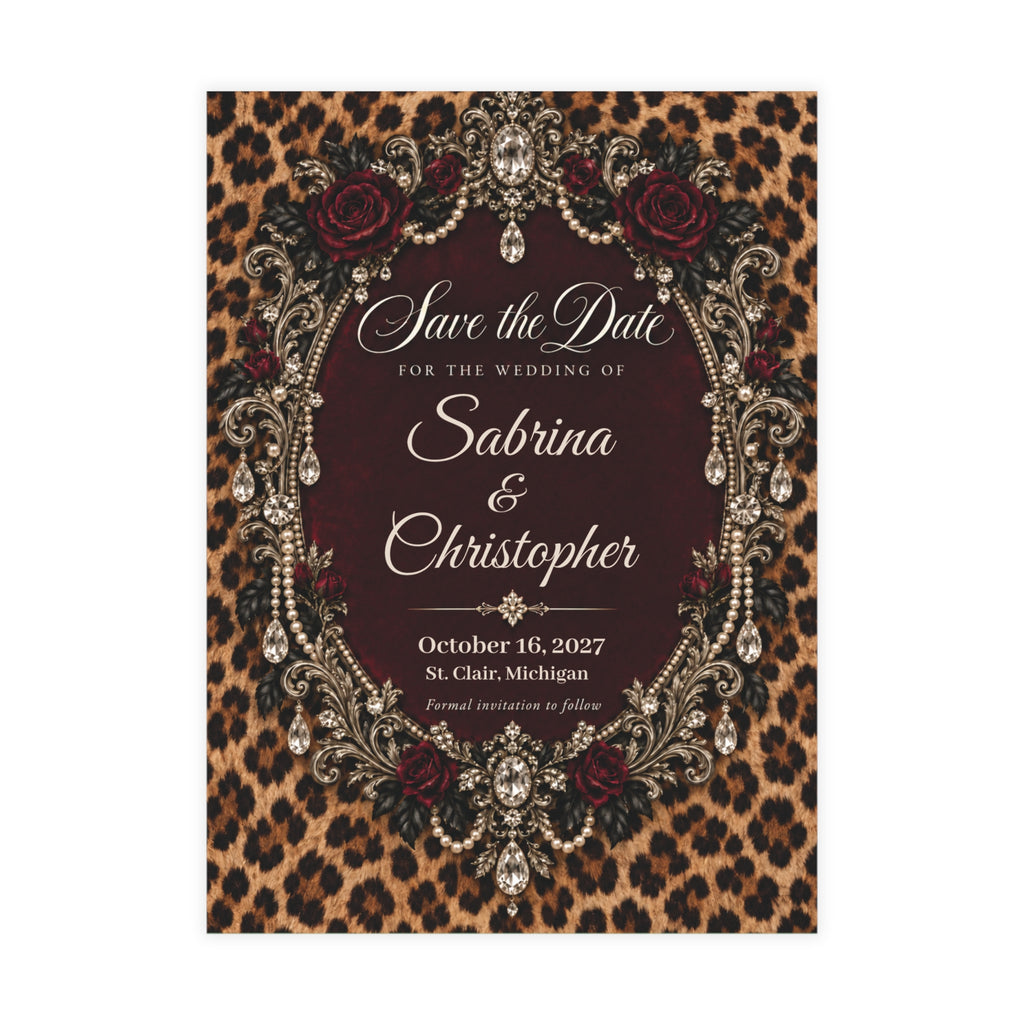Wildly in Love Personalized Save the Date Cards – Cheetah & Burgundy Roses, 5×7 (envelopes included)