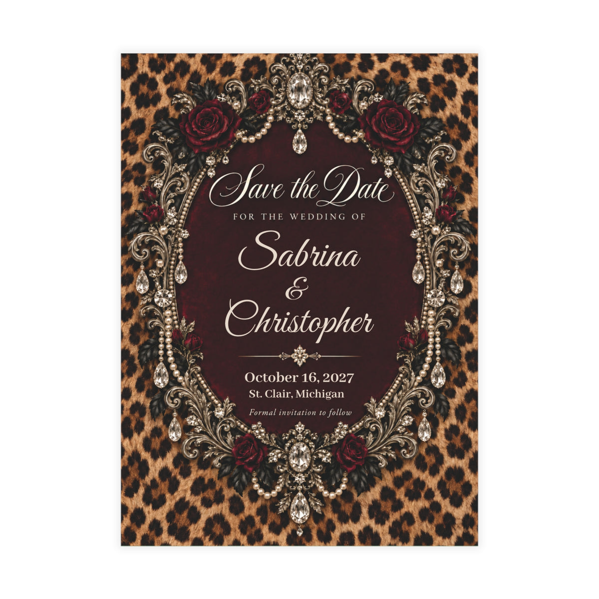 Wildly in Love Personalized Save the Date Cards – Cheetah & Burgundy Roses, 5×7 (envelopes included)