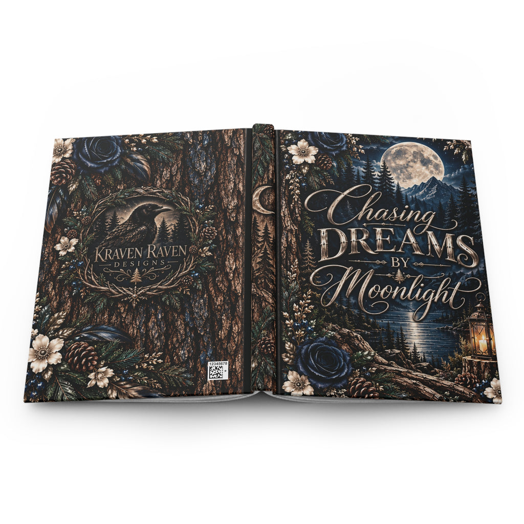 Moonlit Timber Hardcover Journal — “Chasing Dreams by Moonlight” Rustic Woodland Lined Notebook