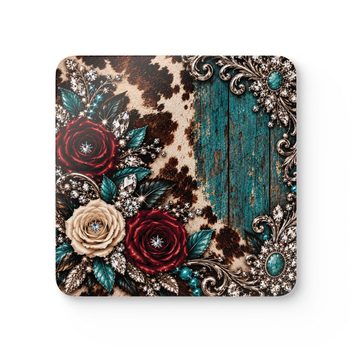 Dust & Diamonds Corkwood Coaster Set — Cowhide, Burgundy Roses & Turquoise Western