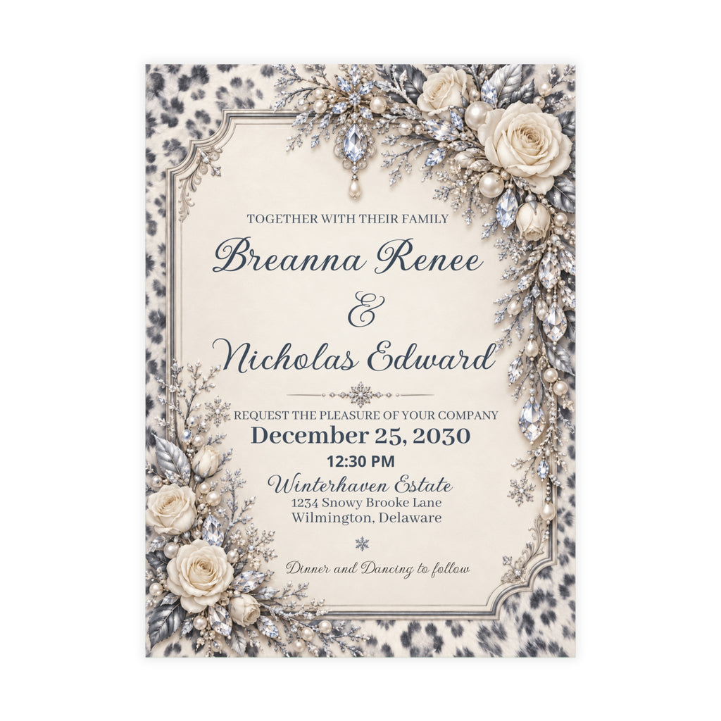 Snow Leopard Personalized Wedding Invitations – Ivory Roses & Icy Crystals, 5×7