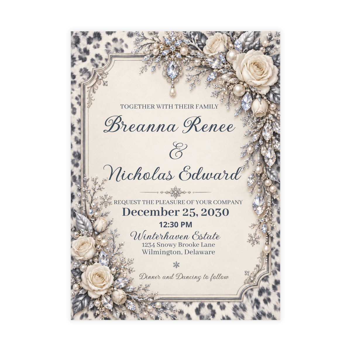 Snow Leopard Personalized Wedding Invitations – Ivory Roses & Icy Crystals, 5×7