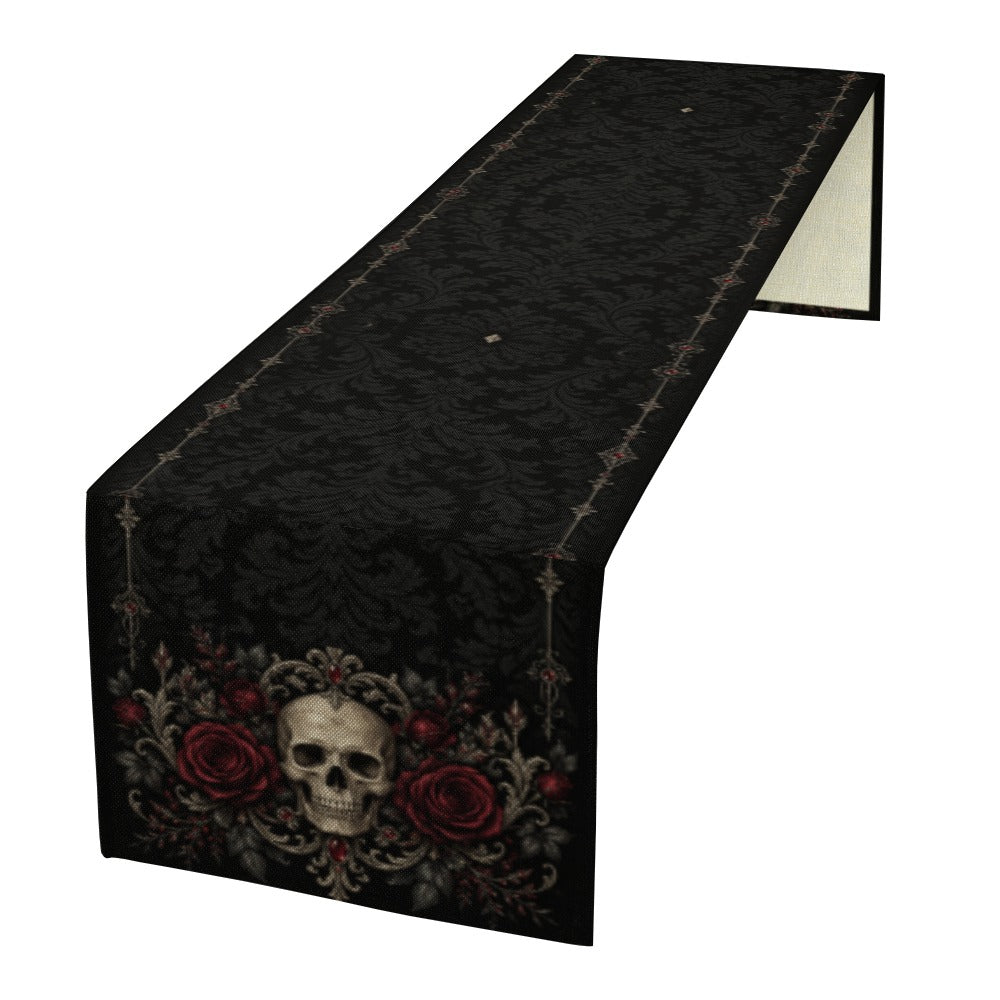 Elegant Gothic Skull & Burgundy Rose Table Runner