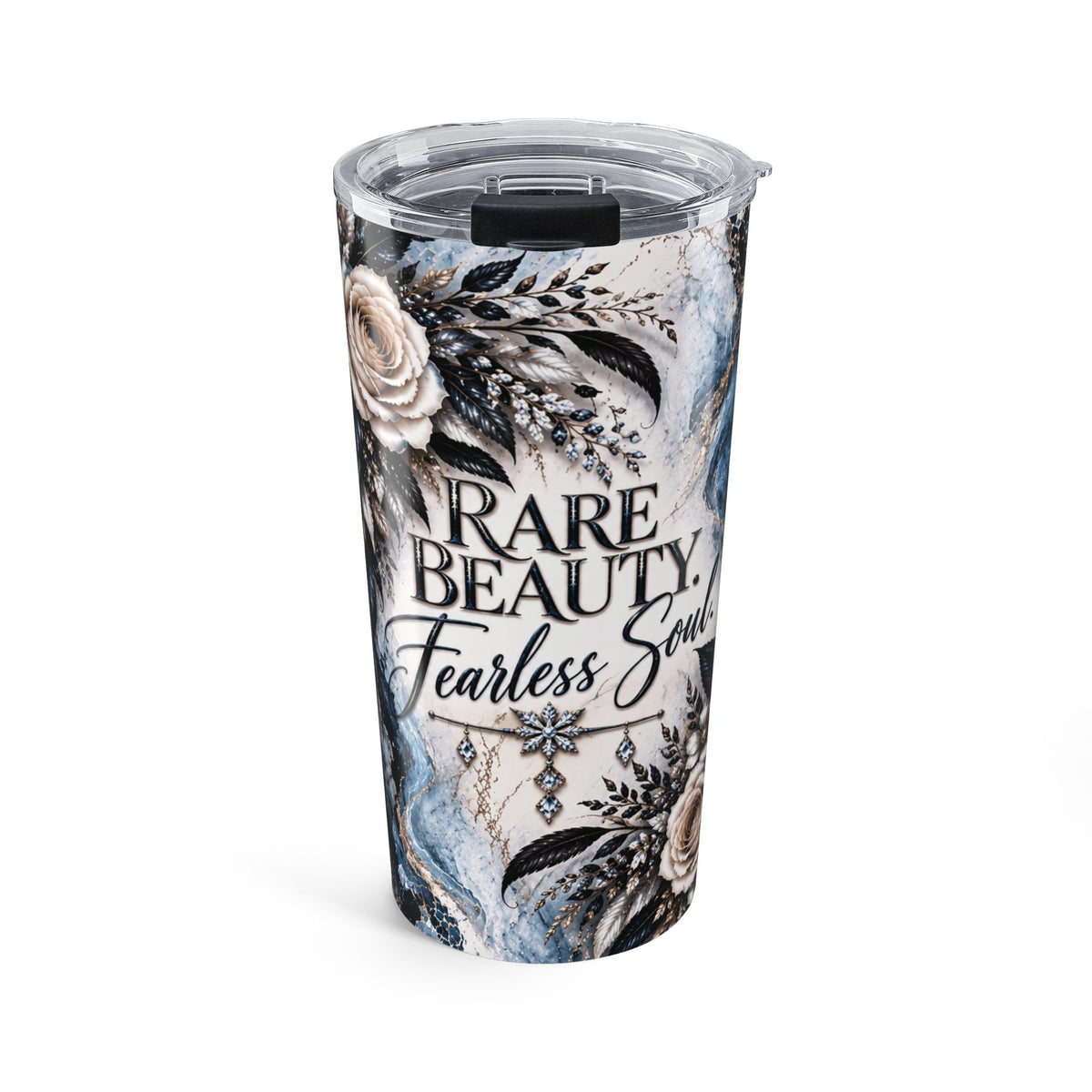 Snow Leopard 20oz Tumbler — “Rare Beauty. Fearless Soul.” Floral Insulated Travel Cup