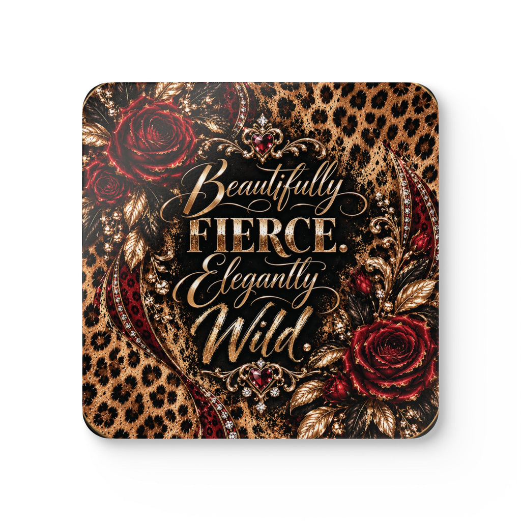 Wildly In Love Corkwood Coaster Set — “Beautifully Fierce, Elegantly Wild” Leopard & Burgundy Roses