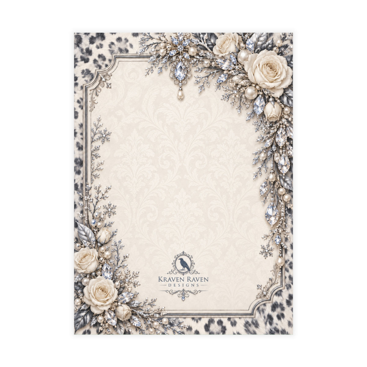 Snow Leopard Personalized Wedding Invitations – Ivory Roses & Icy Crystals, 5×7