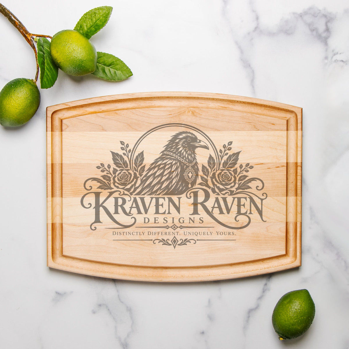 Kraven Raven Designs™ Engraved Arched Wood Cutting Board with Juice Groove  12" × 9"