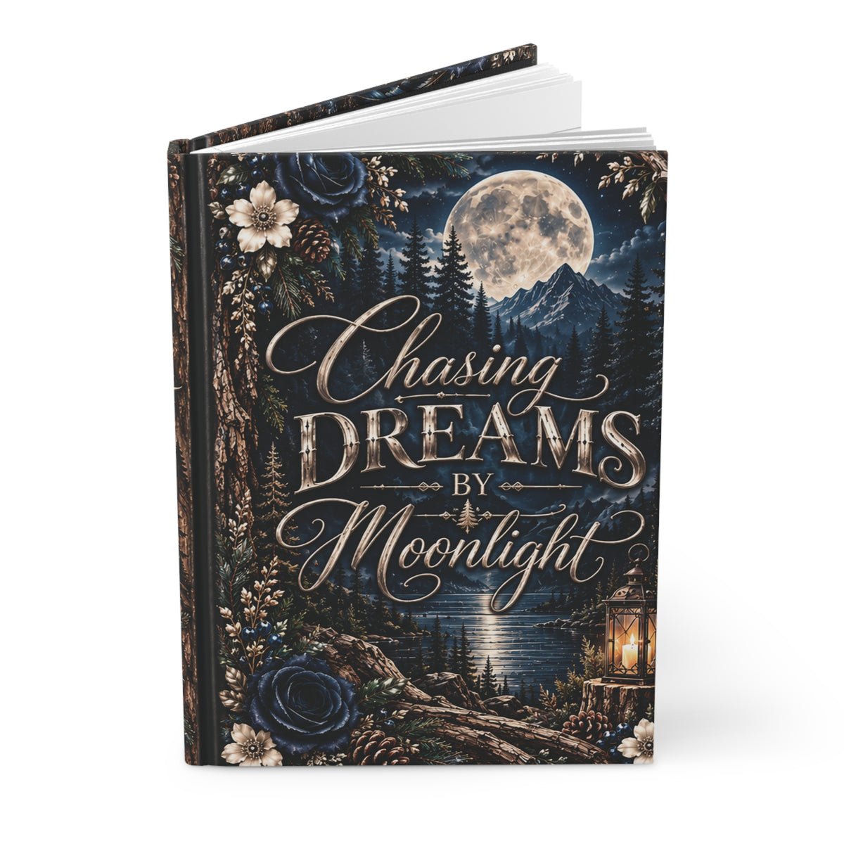 Moonlit Timber Hardcover Journal — “Chasing Dreams by Moonlight” Rustic Woodland Lined Notebook