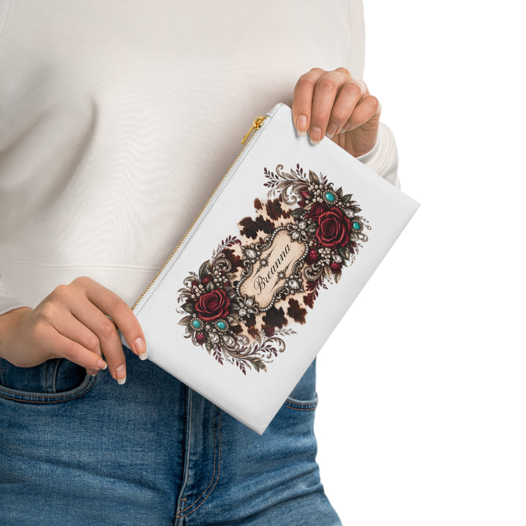 Personalized Cowhide & Burgundy Rose Cosmetic Bag — Custom Name Makeup Pouch