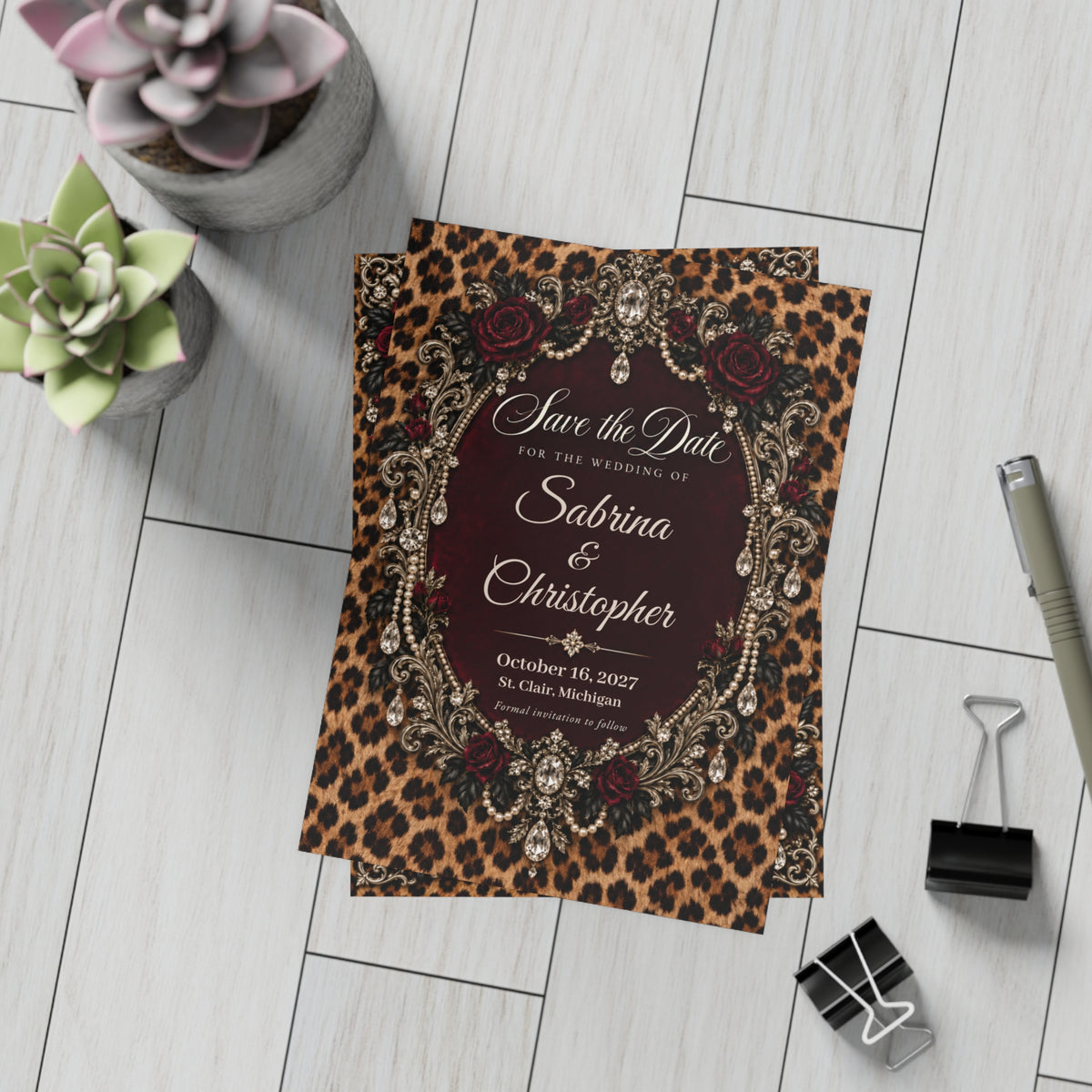 Wildly in Love Personalized Save the Date Cards – Cheetah & Burgundy Roses, 5×7 (envelopes included)
