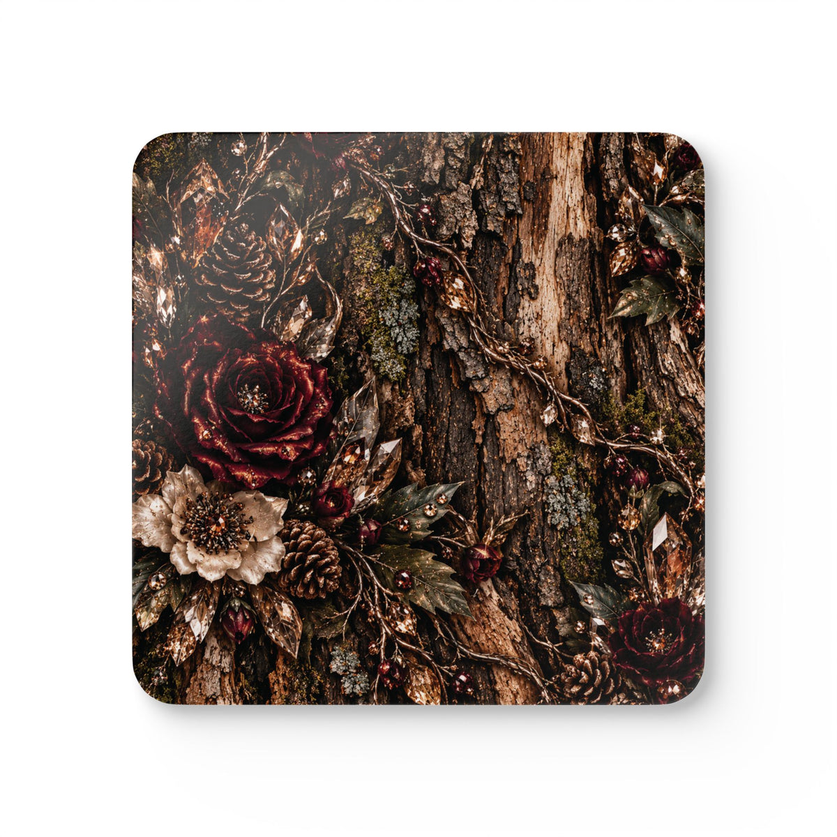 Moonlit Timber Corkwood Coaster Set — Rustic Bark, Burgundy Florals & Crystal Woodland Design