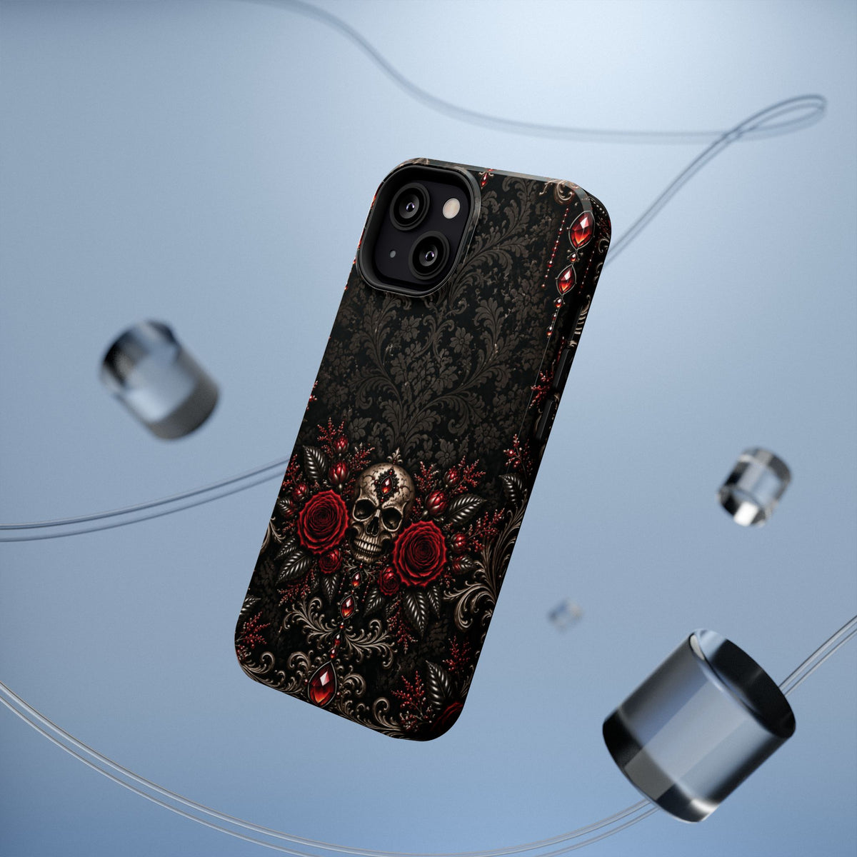 Where Shadows Bloom Gothic Phone Case — Skull & Burgundy Roses Impact-Resistant Case