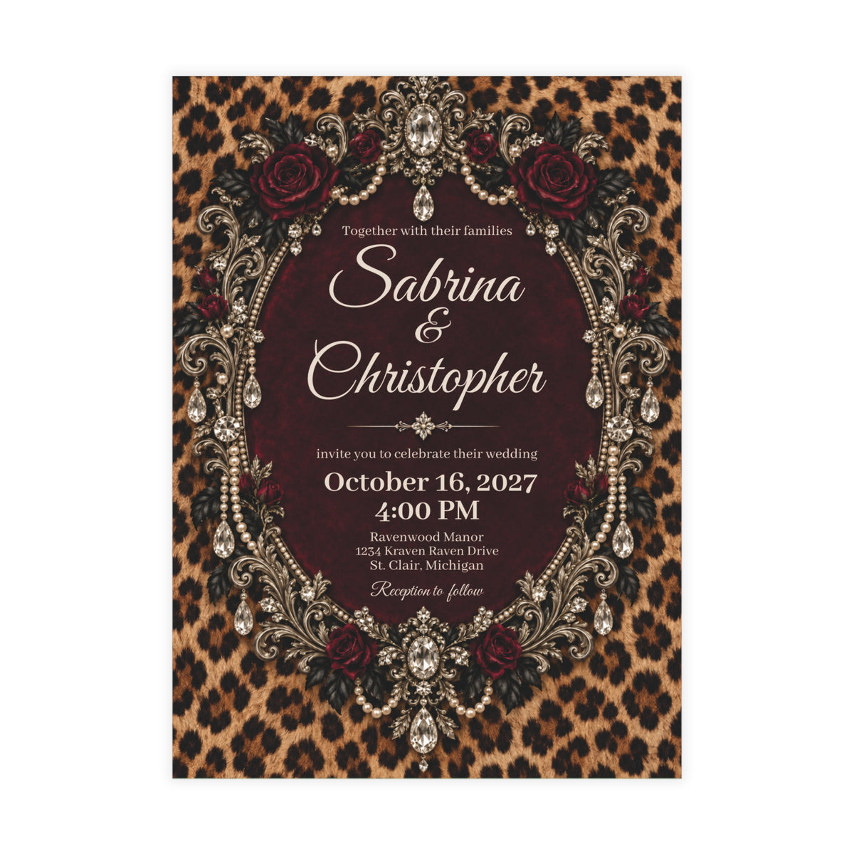 Wildly in Love Personalized Wedding Invitations – Cheetah & Burgundy Roses, 5×7